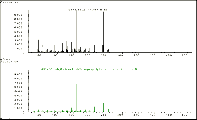 Figur 12-12. Top Rt. 16,55 min. 4b,5,6,7,8,8a,9,10-octahydro-4b,8-dimethyl-2-isopropylphenanthren. Øverst ses massespektrum af komponenten i den aktuelle prøve, og nederst den foreslåede komponent fra databasen. Overensstemmelse (Match quality) er på 90%, hvilket anses for en tilfredsstillende overensstemmelse. CAS nr.: intet anført.