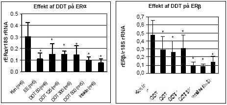 Figur 2.3.3. Effekt af o,p-DDT p&aring; uterus ER&alpha; og ER&beta; genekspression. Resultatet er gennemsnittet af det antal dyr, som er angivet i parentesen (n=) under de forskelligegrupper. Kontroldyr: olie; EE: 100 &mu;g/kg/dag ethinyl&oslash;stradiol; DDT 50: 50 mg/kg etc. for de andre grupper, hvor tallet angiver den totale orale dosis i mg/kg/dag. Alle eksponeringer var signifikant (p 0,05) forskellig fra kontrollen