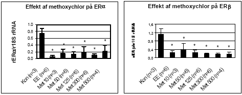 Figur 2.3.4. Effekt af methoxychlor p&aring; uterus ER&alpha;/&beta; genekspression. Resultatet er gennemsnittet af det antal dyr, som er angivet i parentesen (n=) under de forskellige grupper. Kontrol: olie; EE: 100 &mu;g/kg/dag ethinyl&oslash;stradiol; Met 10: 10 mg/kg etc. for de andre grupper, hvor tallet angiver den totale orale dosis i mg/kg/dag. Alle eksponeringer var signifikant (p 0,05) forskellig fra kontrollen
