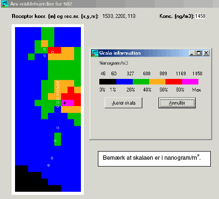 Figur 24 &Aring;rsmiddelv&aelig;rdien for SO<sub>2</sub>. bem&aelig;rk at enheden p&aring; figuren er Nanogram/m<sup>3</sup>, s&aring; den maksimale koncentration regnet i &mu;g/m<sup>3</sup> er 1,5 (hvilket kan sammenholdes med en gr&aelig;nsev&aelig;rdi p&aring; 20 &mu;g/m<sup>3</sup>)