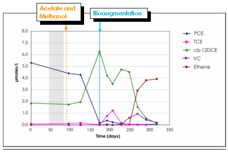 Figure B-2. Performance monitoring results for bioaugmentation test plot at Kelly AFB (Major et al. 2002)