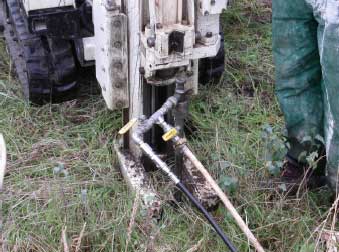 Figure 5. Direct injection of an electron donor. Left: the injection conus is pushed into the soil. Right: the electron donor is injected using a high pressure pump
