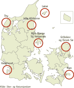 Figur: De syv pilotomr&aring;der udpeget p&aring; kort