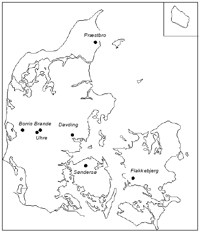 Figur 4.1. Sedimentprøver fra de her nævnte lokaliteter er anvendt i undersøgelsen
