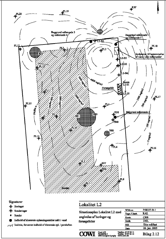 Bilag 2.12 Lokalitet L2 - Situationsplan med angivelse af boringer forsøøgsfelter