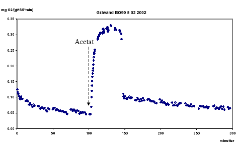 Figur 8.12 Ilt forbrugs rate (OUR) målt på gråvand fra BO-90 d.5. februar 2002. Acetat blev tilsat efter 100 minutter.