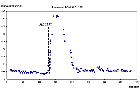 Figur 8.15 Ilt forbrugs rate (OUR) målt på postevand d.31. Januar 2002. Acetat blev tilsat efter 125 minutter.