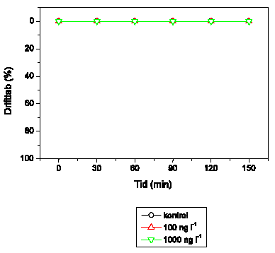 Figur 3.23. Det procentuelle tab ved drift af Ancylus fluviatilis fra render behandlet med 100 og 1000 ng l<sup>-1</sup> lambda-cyhalothrin sammenlignet med kontrolrender. Tid 0 svarer til starttidspunktet for eksponeringen med lambda-cyhalohtrin (varighed 90 min). Hver behandling og kontrol havde 4 replikater. Figuren viser gennemsnit og standard error for de 4 render i hver gruppe. Forskellige bogstaver angiver signifikante forskelle mellem behandlingerne