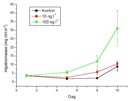 Figur 3.47. &AElig;ndringer i algebiomassen i fors&oslash;gsperioden (10 dage). Sten til algeanalyser blev indsamlet dag 1, 5, 8 og 10. Hvert punkt repr&aelig;sentere gennemsnit og standard error for hver gruppe (n=4, kontrol, 10 og 100 ng l<sup>-1</sup> lambda-cyhalothrin)