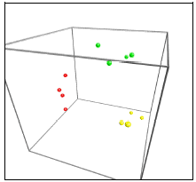 Figur 14. Computeranalyse af tarmfloraen hos rotter med menneske-flora f&oslash;r, under og efter fodring med sporer af B. cereus. Pr&oslash;ver fra f&oslash;r, under og efter fordring er markeret med henholdsvis r&oslash;dt, gr&oslash;nt og gult. Jo t&aelig;ttere prikkerne ligger p&aring; hinanden, des mere ens var floraen i f&aelig;cespr&oslash;verne