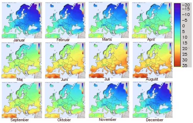 Figur 2-5 Månedlige gennemsnitstemperaturer i Europa (1995-2003). (Kilde: Institute for Environment and Sustainability. European Commission, Joint Research Centre,