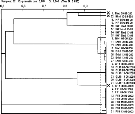 Figur 4.1 Dendogram, der viser similariteten mellem tre testede kontrolstammer og blindtest