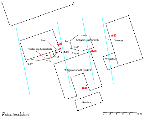 Figur 3. Potentialekort (&oslash;verst) og forureningsfane (nederst) p&aring; Lokalitet 3. Potentialet i boringerne er markeret med sort (GeoProbeboringer) henholdsvis r&oslash;d (&Oslash;63 mm). Koncentrationerne af bentazon er opgivet i &micro;g/l.