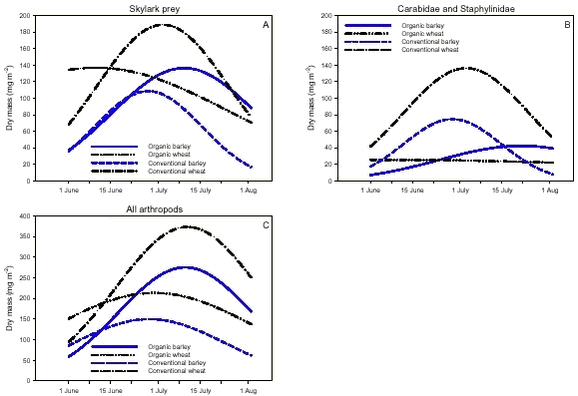 Simple descriptive models of the development of estimated arthropod dry mass during June and July.