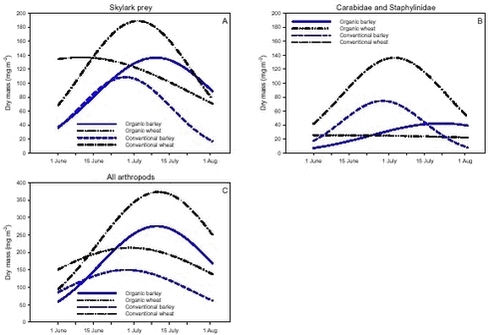 Simple descriptive models of the development of estimated arthropod dry mass during June and July.