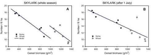 Skylark densitites in relation to cereal crop biomass for all counts (A) and late counts only (B).