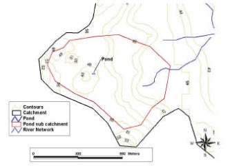 Figure 3.5 Catchment area for Lilleb&aelig;k scenario pond. Note that only part of the area drains towards the pond.