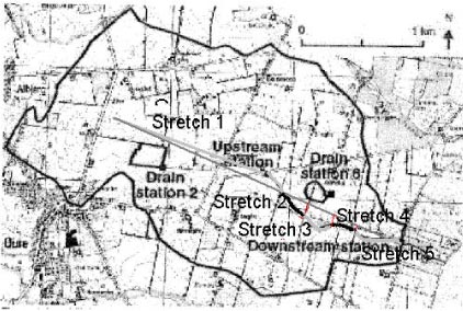 Figure 4.8 The Lilleb&aelig;k catchment with indications of stretches and lengths used for drift calculations.