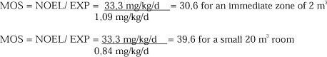 MOS = NOEL/ EXP = 33,3 mg/kg/d/1,09 mg/kg/d = 30,6 for an immediate zone of 2 m³ and MOS = NOEL/ EXP = 33,3 mg/kg/d/0,84 mg/kg/d = 39,6 for a small 20 m³ room