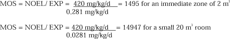 MOS = NOEL/ EXP = 420 mg/kg/d/0,281 mg/kg/d = 1495 for an immediate zone of 2 m³ and MOS = NOEL/ EXP = 420 mg/kg/d/0,0281 mg/kg/d = 14947 for a small 20 m³ room