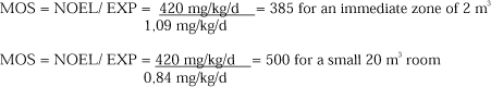 MOS = NOEL/ EXP = 420 mg/kg/d/1,09 mg/kg/d = 385 for an immediate zone of 2 m³ and MOS = NOEL/ EXP = 420 mg/kg/d/0,84 mg/kg/d = 500 for a small 20 m³ room
