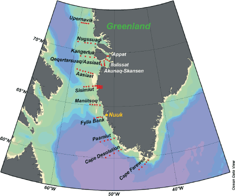 FIGURE 8.2 STANDARD HYDROGRAPHIC SECTIONS OFF THE WEST COAST OF GREENLAND. SOUTHERN STATIONS &ndash; INCLUDING SISIMIUT &ndash; ARE OPERATED BY DMI, WHILE NORTHERN STATIONS ARE OPERATED BY THE GREENLAND NATURE INSTITUTE.