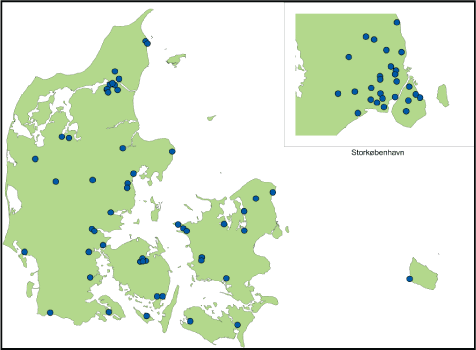 FIGRUE H-4: DMI&rsquo;S NETWORK OF AUTOMATIC PRECIPITATION INTENSITY STATIONS (DETAILED FOR COPENHAGEN)