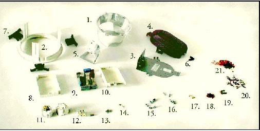 Figur 4-1: Adskilt Zenith lampe. Del 1. er reflektoren, 2. er ringen, som sammen med klemmerne (7) holder lampen fast i loftet, 3. er eludstyrspladen, hvor det hele er monteret p&aring; (4 er l&aring;g hertil) og 9. er den elektroniske forkobling. &Oslash;vrige er sm&aring;dele, som i forkobling