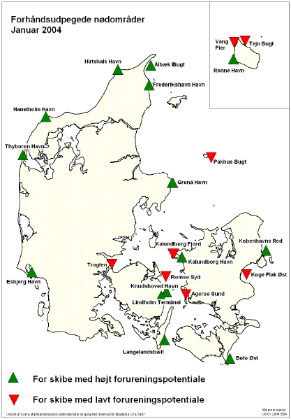 Figure 1B. Places of refuge for ships in distress in need of assistance with either a high (?) or a low (?) potential for polluting the marine areas.