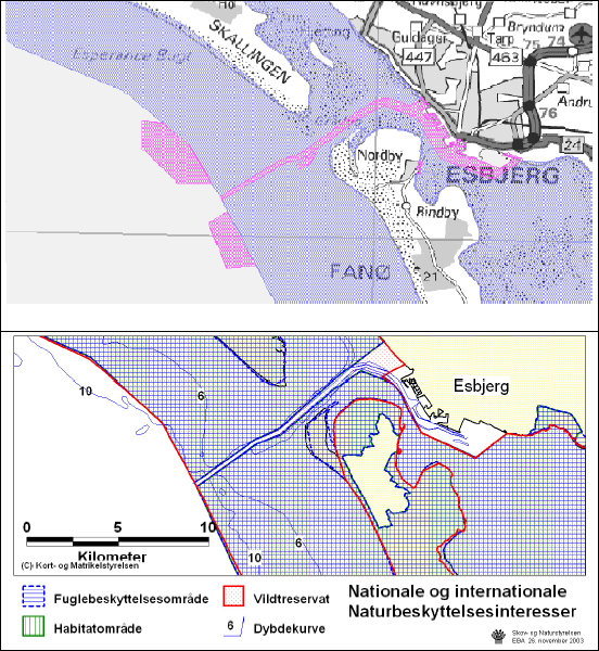 Figur 3.1 Regionplanskort, kort med naturbeskyttelsesinteresser samt s&oslash;kort der angiver n&oslash;domr&aring;de i Esbjerg Havn