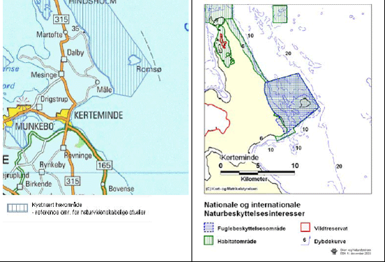 Figur 3.12 Regionplanskort, kort med naturbeskyttelsesinteresser samt s&oslash;kort der angiver n&oslash;domr&aring;de ved Roms&oslash; Syd.
