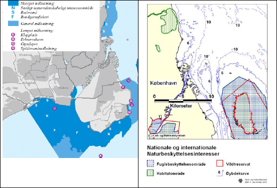 Figur 3.17 Regionplanskort, kort med naturbeskyttelsesinteresser samt s&oslash;kort der angiver n&oslash;domr&aring;de ved K&oslash;benhavns Red