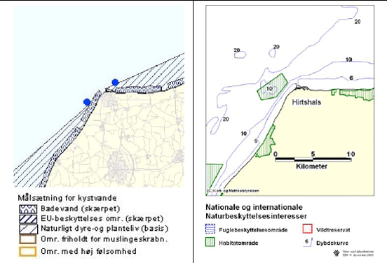 Figur 3.4 Regionplanskort, kort med naturbeskyttelsesinteresser samt s&oslash;kort der angiver n&oslash;domr&aring;de i Hirtshals Havn