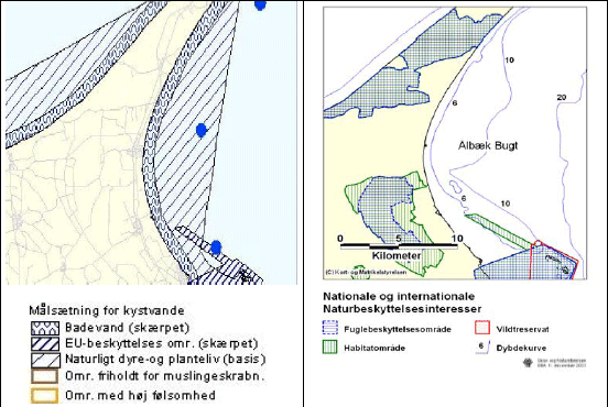 Figur 3.5 Regionplanskort, kort med naturbeskyttelsesinteresser samt s&oslash;kort der angiver n&oslash;domr&aring;de i &Aring;lb&aelig;k Bugt.