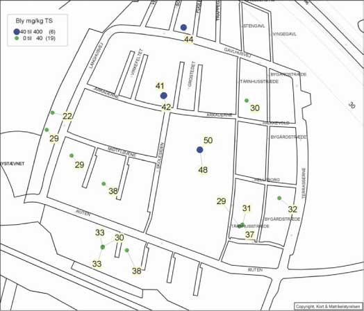 Figur 7.9 Kort over blymålinger i 0,1 m’s dybde. testareal E- Tingbjerg