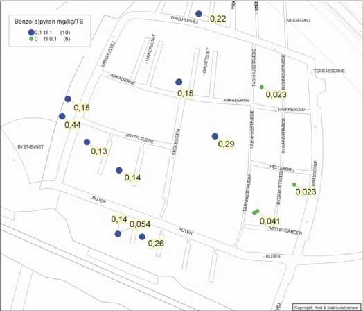 Figur 7.10 Kort over BaP-målingeri 0,1 m’s dybde. testareal E- Tingbjerg