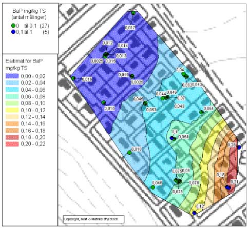 Figur 13.11 Estimat for BaP koncentration i et givet punkt. (BaP-koncentrationen i prøvepunkterne er angivet eksakt)