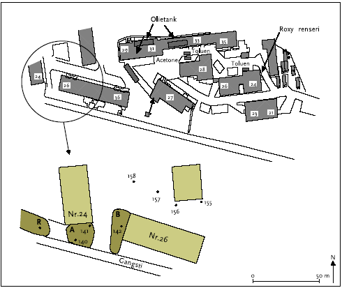 Figur 2.2 – Detailkort med boringer. A,B = forsøgsområder. R= referenceområde