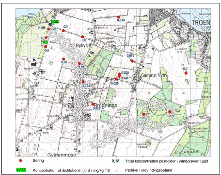 Figur 2: Potentielt v&aelig;rkstedsomr&aring;de &rdquo;T&aring;singe&rdquo; med partikelbanesimuleringer
