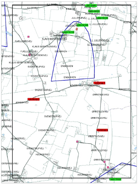 Figur 1: Potentielt v&aelig;rkstedsomr&aring;de &rdquo;Jullerup&rdquo; med indvindingsopland
