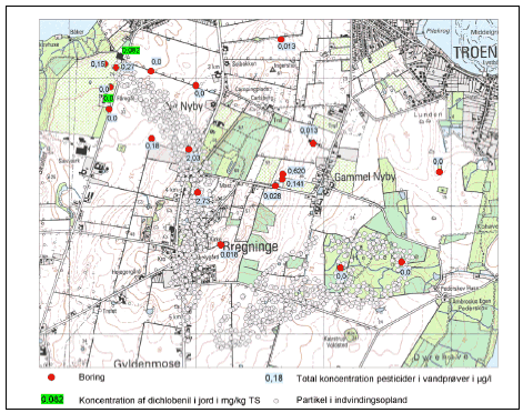 Figur 2.2 Omr&aring;det omkring F&aring;reg&aring;rd kildeplads: partikelbanemodel og pesticidfund