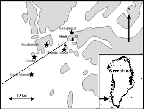 Figure 5.2.1- Map of the area around Nuuk, Greenland. The mussel sampling stations are marked (*) and the sediment stations by (). The dotted line marks the main shipping route in the area. 