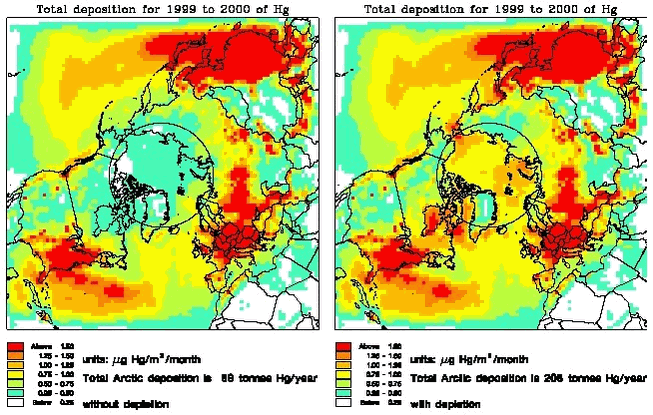 Figure.1.3.12. The total deposition of mercury without Arctic mercury depletion (left) and with (right) in µg Hg/m2/month.