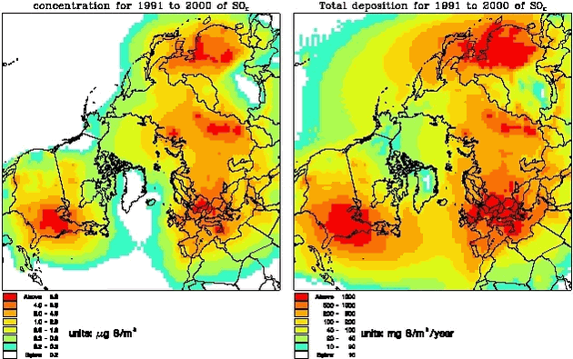 Figure 1.3.2 The mean concentrations for the surface layer of SOX in µg S/m3 (left) and the total deposition of SOX in mg S/m2/year (right)