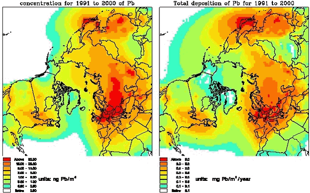 Figure 1.3.3 The mean concentrations for the surface layer of Pb in ng Pb/m3 (left) and the total deposition of Pb in mg Pb/m2/year (right).