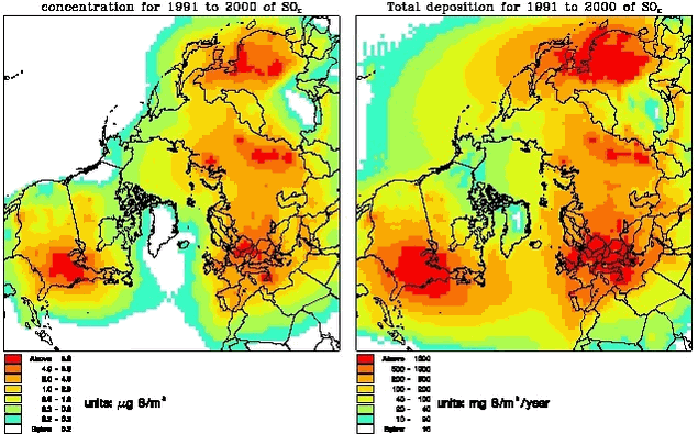 Figure 1.3.2 The mean concentrations for the surface layer of SOX in g S/m3 (left) and the total deposition of SOX in mg S/m2/year (right)