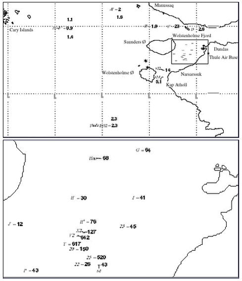 Figure 4.5.6. Thule-1997. Plutonium concentrations in surface 0-3 cm layer of sediments, Bq 239,240Pu kg-1 dry. Location names in italics, concentrations in bold. The point of impact was on the sea ice at the location marked V2.