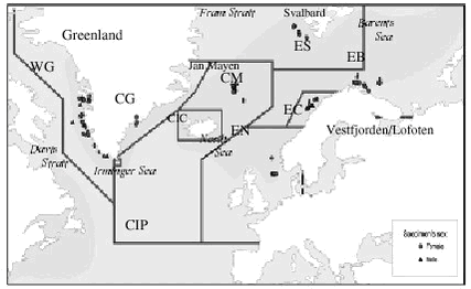 Figure 4.7.2. Map of sampling locations of tissues of minke whales in 1998. Redrawn from Born et al. submitted 