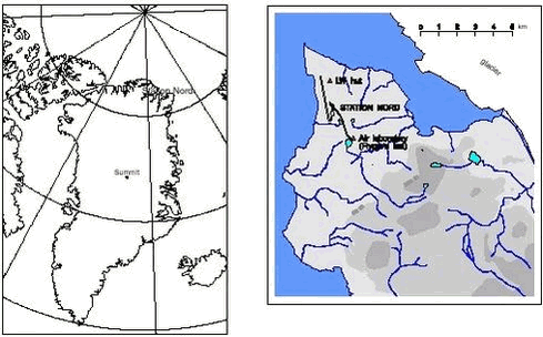 Figure 1.2. Greenland with the location of Station Nord (left) and the position of the air monitoring site at Station Nord. The regular AMAP site is located at Flygers‘ hut (right). 