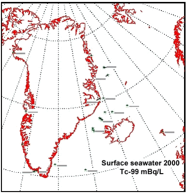 Figure 4.5.3. Tc-99 mBq L-1, in surface seawater year 2000 